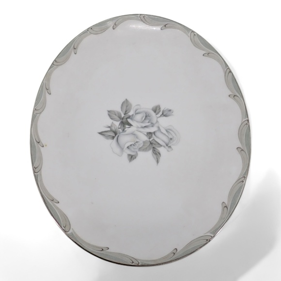Vtg Japanese Broadway Rose Pattern Fine China Platter Silver Trim Grey on White - Picture 5 of 13